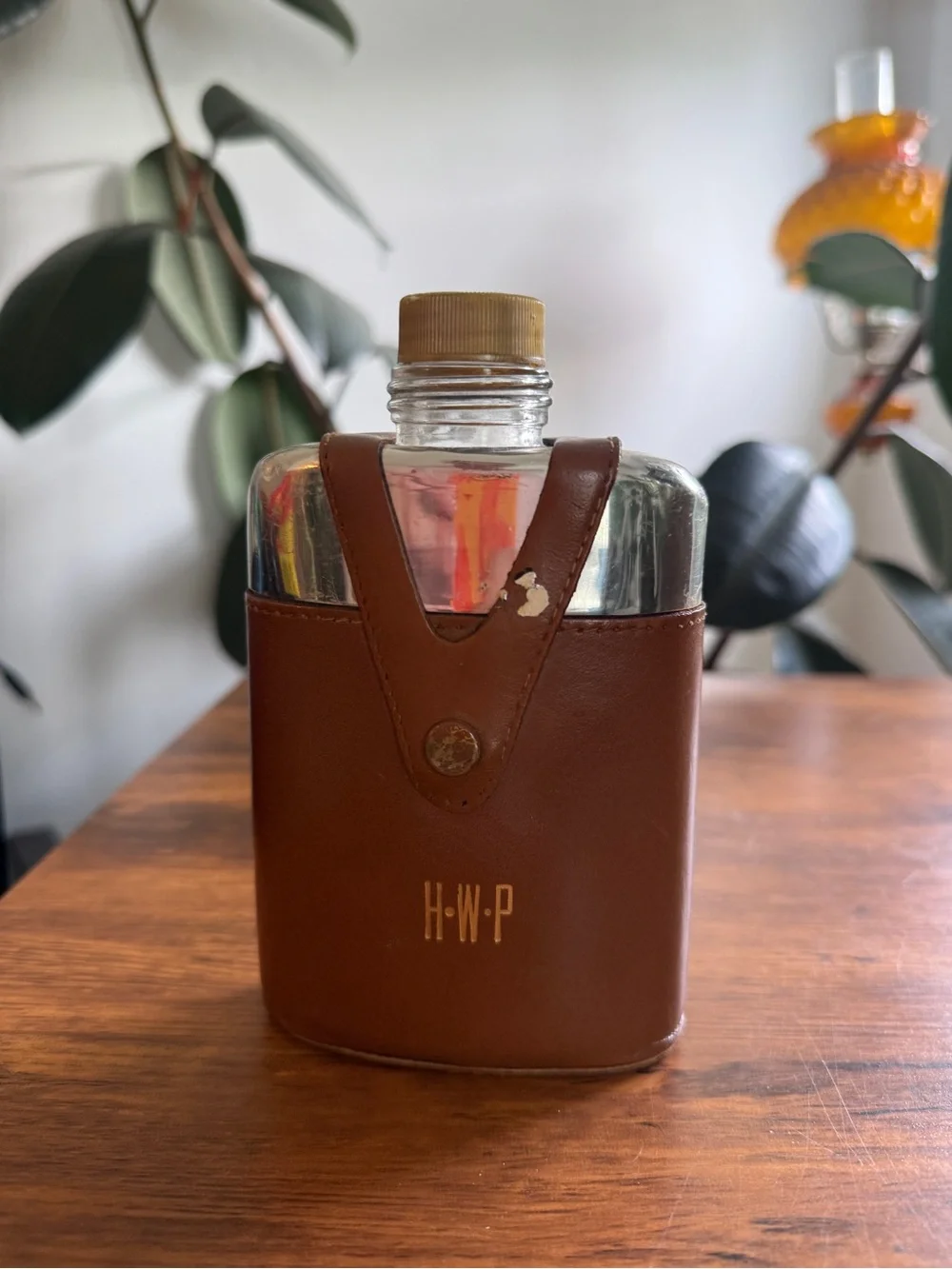 Brown Leather Travel vintage Flask with Snap Closure HWP